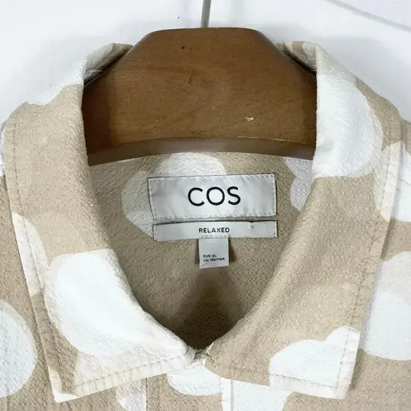 NWOT COS Shirt EU XL Relaxed-Fit Dot-Print Crinkle Pocket Button-Up Beige Cotton